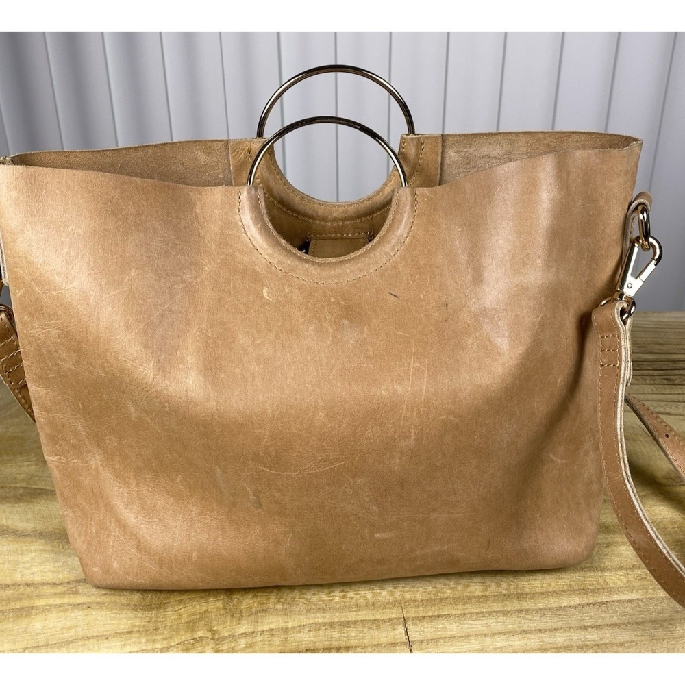 Able Tan Leather Crossbody Tote with Metal Ring Handles